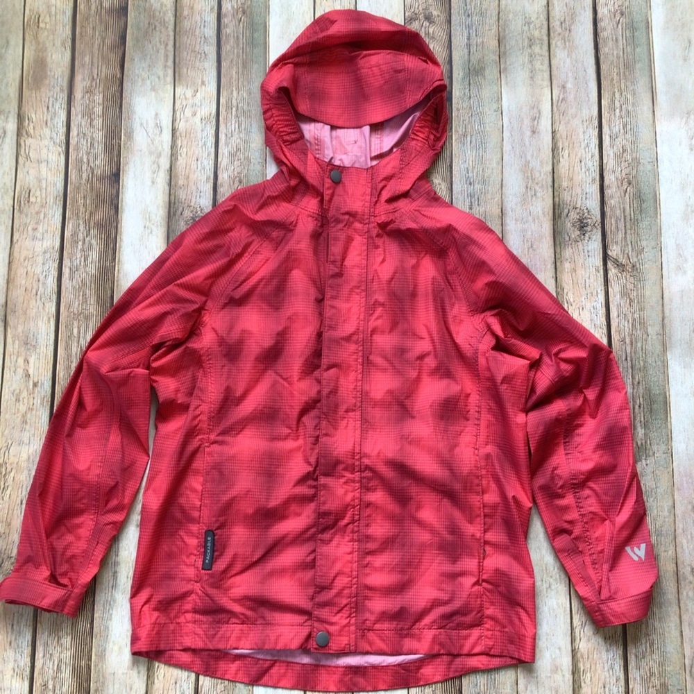 White Sierra Red Plaid Packable Rain Jacket